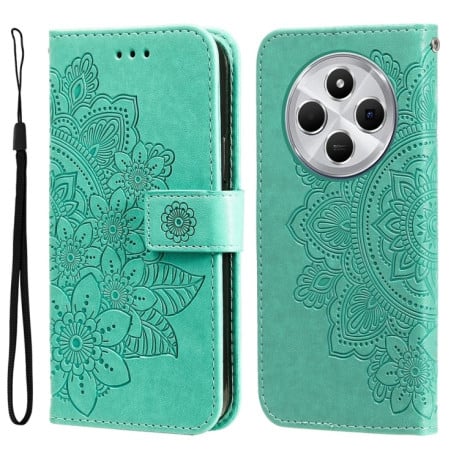 Чехол-книжка 7-petal Flowers Embossing для Xiaomi Redmi 14C 4G/Poco C75/Redmi A4 5G - зеленый