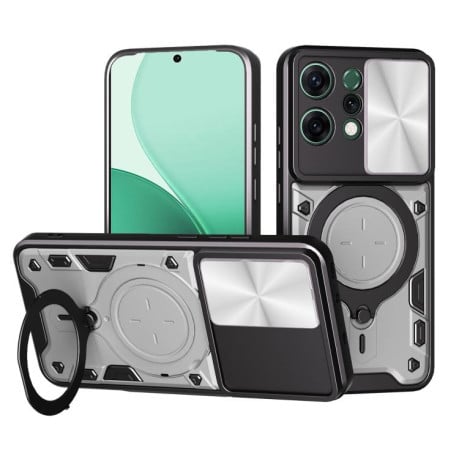 Чехол со шторкой камеры CD фактурой и подставкой на OPPO Reno14 5G Global - серебристый