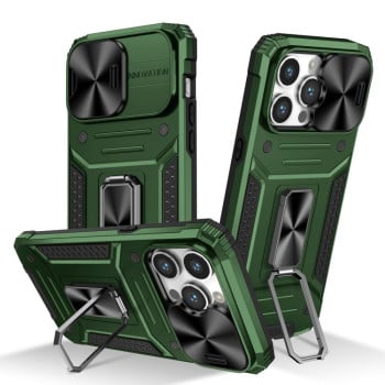 Чехол со шторкой на камеру Sliding Camshield и подставкой на iPhone 15 Pro Max - зеленый