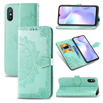 Чохол-книжка Lucky Clover Halfway Mandala Embossing Pattern на Xiaomi Redmi 9A - зелений