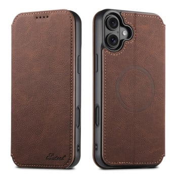Чехол-книжка Suteni J06 с фактурой Retro Matte Litchi с MagSafe на iPhone 17 - коричневый