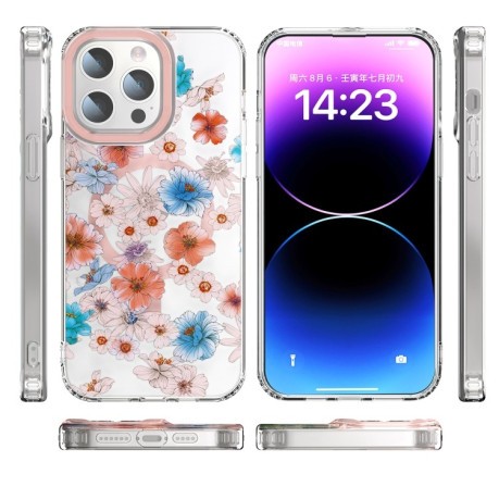 Чехол противоударный with Magsafe Magnetic Shockproof для iPhone 15 - бело-голубой цветок