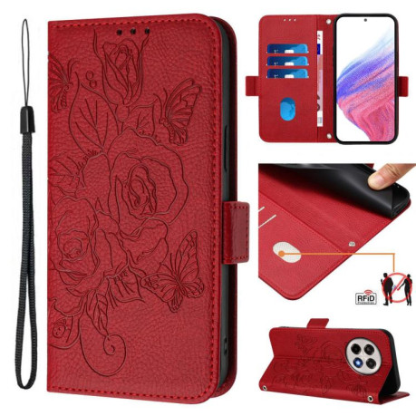 Чохол-книжка Embossed Rose RFID Anti-theft Leather для OnePlus 13R/Ace 5/Ace 5 Pro - червоний