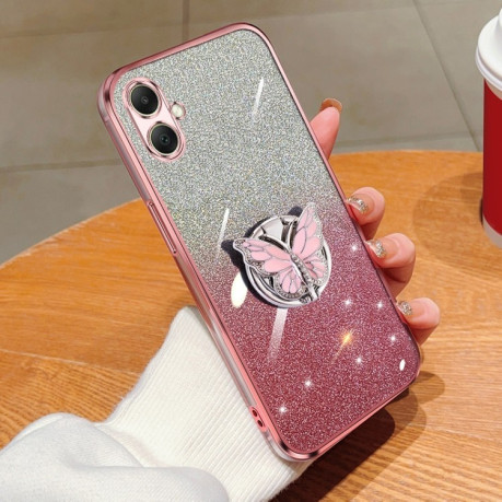 Противоударный чехол Plated Gradient Glitter Butterfly Holder для Samsung Galaxy A06 4G - розовый