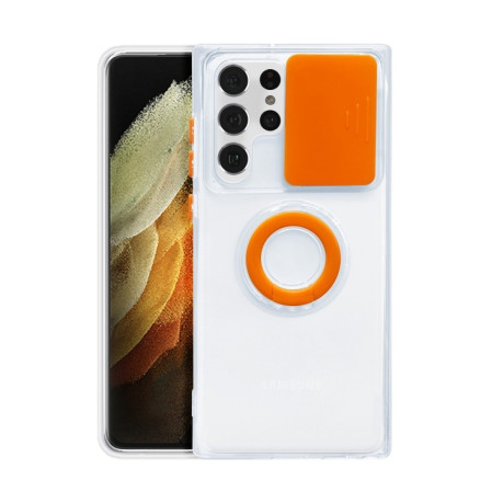 Противоударный чехол Sliding Camera with Ring Holder для Samsung Galaxy S22 Ultra 5G - прозрачно- оранжевый