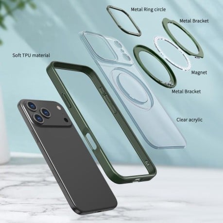 Чехол kalebol с MagSafe и подставкой 360 Metal Ring Holder на iPhone 17 Pro - зеленый