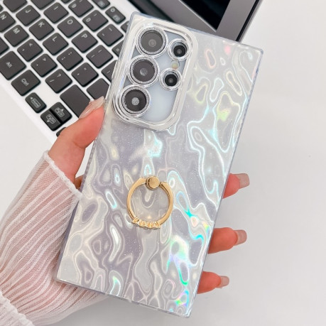 Протиударний чохол Plating Glitter Texture Ring Holder  для Samsung Galaxy S25 Ultra 5G - White Wrinkles