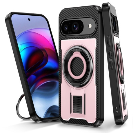Противоударный чехол Ring Holder Carbon Fiber PC Hybrid TPU для Google Pixel 9 / 9 Pro - розовое золото