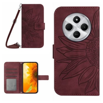 Чохол-книжка Skin Feel з малюнком соняшника на Redmi 14C 4G/Poco C75/Redmi A4 5G  - винно-червоний