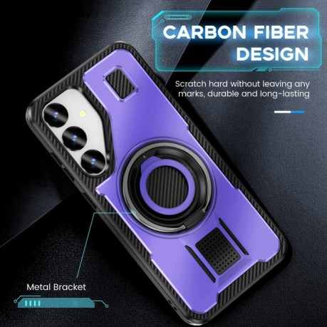 Противоударный чехол Ring Holder Carbon Fiber PC Hybrid TPU для Samsung Galaxy S25 5G - фиолетовый