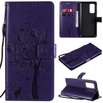 Чехол-книжка Tree &amp; Cat Pattern на Xiaomi Mi 10T / 10T Pro - фиолетовый