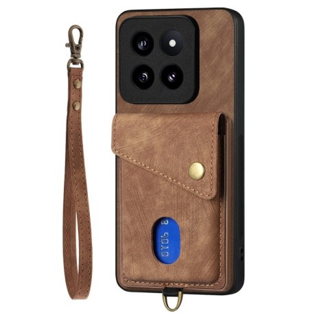 Противоударный чехол Retro Card Wallet Fold Leatherна для Xiaomi 14 Pro - коричневый