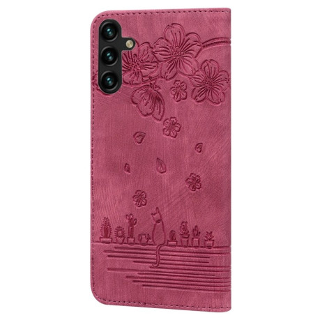 Чехол-книжка Cartoon Sakura Cat для Samsung Galaxy A16 5G - винно-красный