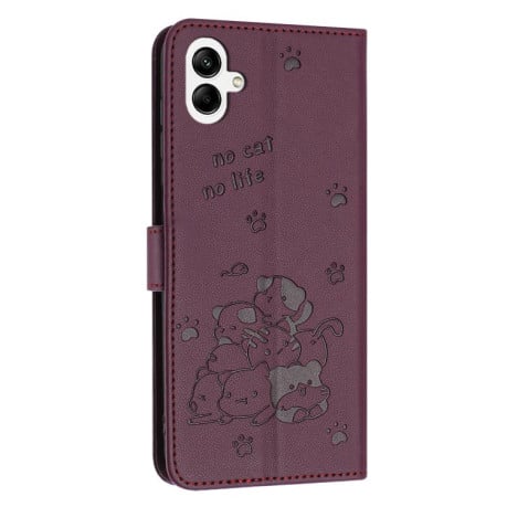 Чехол-книжка Embossed Kitten Phone Leather на Samsung Galaxy A07 4G - винно-красный