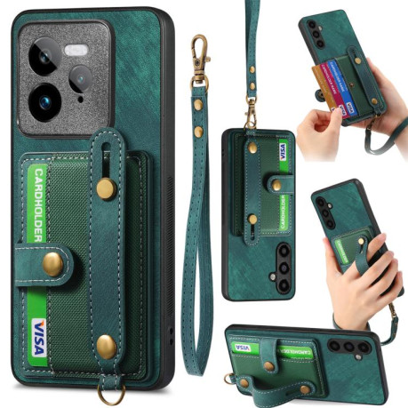 Противоударный чехол Retro Cross Wristband Wallet Leather для Realme GT 7 Pro - зеленый