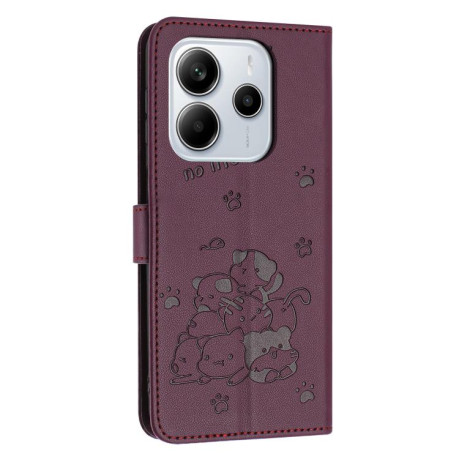 Чехол-книжка Embossed Kitten Phone Leather для Xiaomi Redmi Note 14 4G 164.84mm - винно-красный