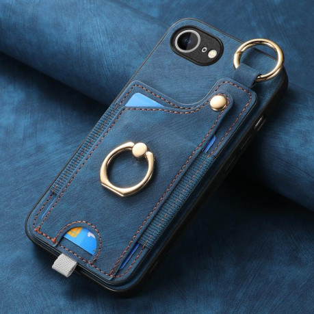 Чехол Retro Skin-feel Ring Card Bag для iPhone 16e - синий