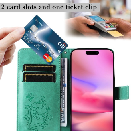Чехол-книжка Embossed Butterfly для iPhone 16 - зеленый