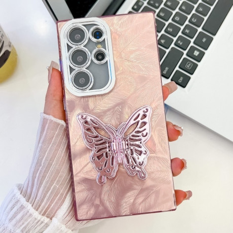 Противоударный чехол Plating Glitter Texture Butterfly Holder TPU для Samsung Galaxy S24 FE 5G - Pink Feathers