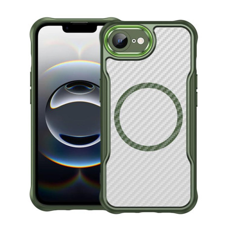 Ударозахисний чохол Carbon Fiber Texture MagSafe Translucent на iPhone 16e - зелений