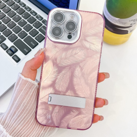 Протиударний чохол Plating Glitter Texture Fold Holder with Lens Film для iPhone 16 Pro Max - Pink Feathers