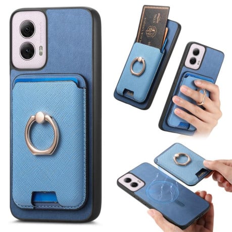 Чехол Retro Cross Leather Ring Vertical Insert Card Bag MagSafe для Motorola Moto G35 5G - синий
