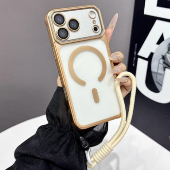 Матовый чехол Large Window Matte Electroplated TPU с MagSafe и ремешком для iPhone 17 Pro Max — золотой