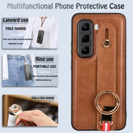 Противоударный чехол Wristband Leather Back для Infinix Hot 50 Pro 4G - коричневый