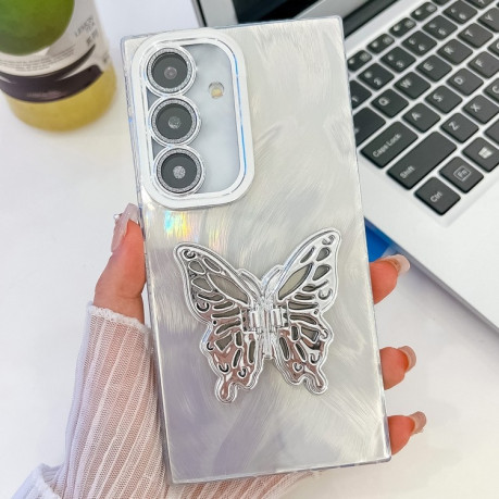 Противоударный чехол Plating Glitter Texture Butterfly для Samsung Galaxy S25+ 5G - White Feather Yarn