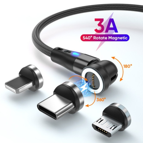 Універсальний Магнітний зарядний кабель ENKAY 3 in 1 3A USB to Type-C / 8 Pin / Micro USB Magnetic 540 Degrees Rotating Fast Charging Cable, Length:2m- чорний