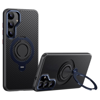 Протиударний чохол Carbon Fiber MagSafe 360 Degree Rotating Holder  для Samsung Galaxy S25+ 5G - чорно-синій