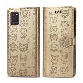 Чехол-книжка Cute Cat and Dog Embossed на Samsung Galaxy A31 - золотой