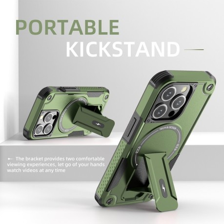 Противоударный чехол MagSafe Holder Armor PC Hybrid для iPhone 15 Pro Max - зеленый
