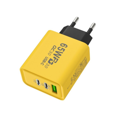 Скоростное зарядное устройство 65W Gallium Nitride USB + Type-C Fast Charging Charger, Plug Type:EU Plug - желтое