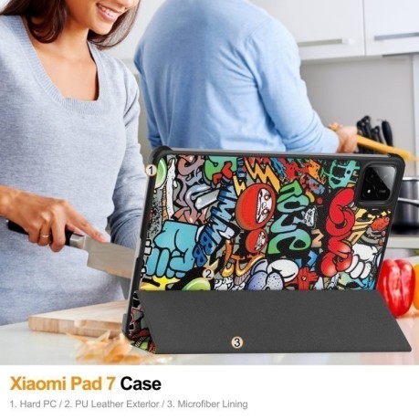 Чехол-книжка Custer Painted 3-Fold Stand Leather Smart для Xiaomi Pad 7 / 7 Pro - Graffiti