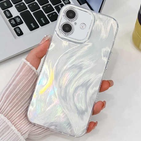 Противоударный чехол Plating Glitter Texture TPU with Lens Film для iPhone 16 Plus - White Feather Yarn