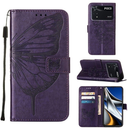 Чехол-книжка Embossed Butterfly для Xiaomi Poco M4 Pro 4G - фиолетовый