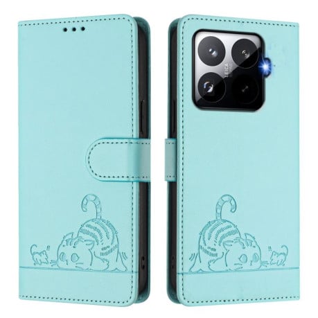 Чехол-книжка Cat Embossing Pattern на Xiaomi 15T Pro 5G - зеленый