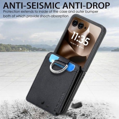 Протиударний чохол Litchi Texture Leather Ring Wallet  на Motorola Razr 60 Ultra - чорний