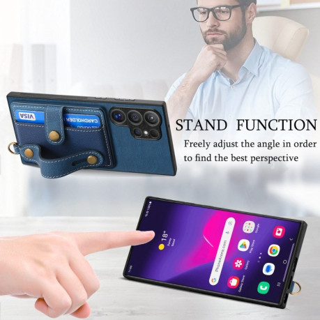 Протиударний чохол Retro Cross Wristband Wallet Leather для Samsung Galaxy S24 Ultra 5G - синій