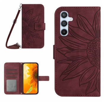 Чохол-книжка Skin Feel з малюнком соняшника на Samsung Galaxy M14 5G - винно-червоний