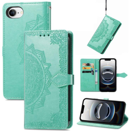 Чехол-книжка Mandala Embossing Pattern на iPhone 16e - зеленый