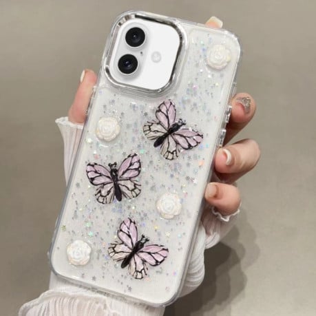 Протиударний чохол Glitter 3D Butterfly TPU для iPhone 16 Plus - рожевий