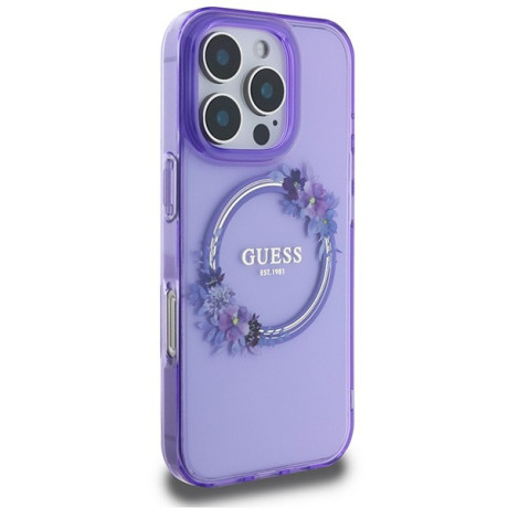 Оригинальный чехол Guess IML Flowers Wreath MagSafe для iPhone 16 Pro - Purple