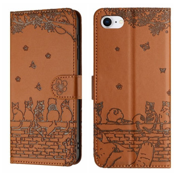 Чехол-книжка Cat Embossing Pattern на iPhone 16e - коричневый