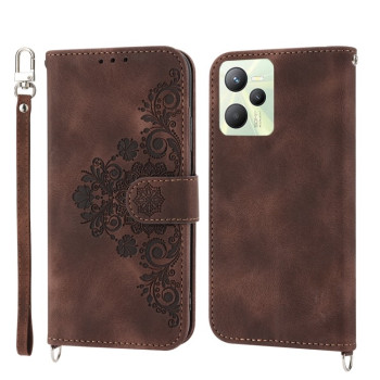 Чохол-книжка Skin-feel Flowers Embossed для OPPO Reno 8 4G/5G - коричневий