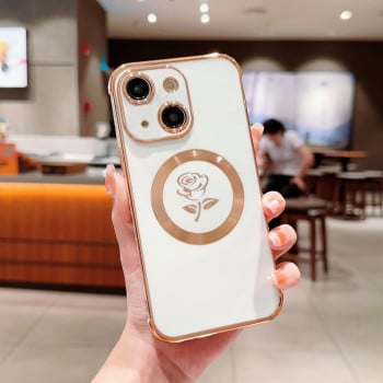 Протиударний чохол Electroplate Side Roses Flower MagSafe для iPhone 15 - білий