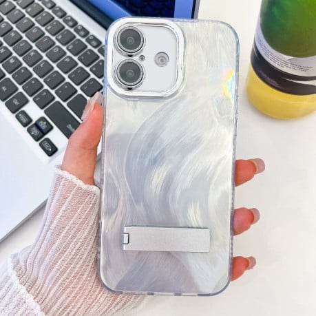 Протиударний чохол Plating Glitter Texture Fold Holder TPU with Lens Film для iPhone 16 Plus - White Feather Yarn