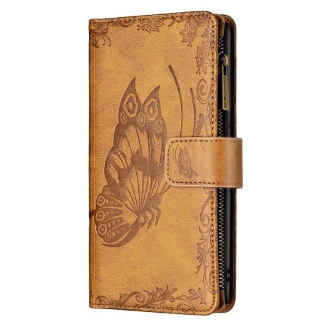 Чехол-кошелек Flying Butterfly Embossing для iPhone 14/13 - коричневый