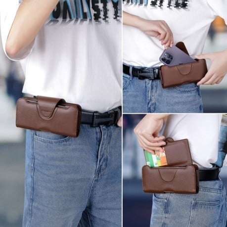Універсальний чохол NUOKU на діагональ 5.5-6.7 Belt Clip Carrying Pouch з фактурою Litchi та кріпленням на пояс – темно-коричневий